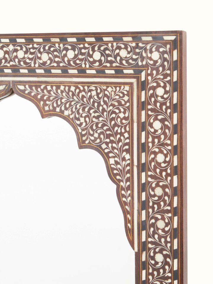 Detail view of Sheesham Wood & Bone Inlay Dressing Table with Semicircular Console highlighting the woodwork and finish detail, in an alternate clo...