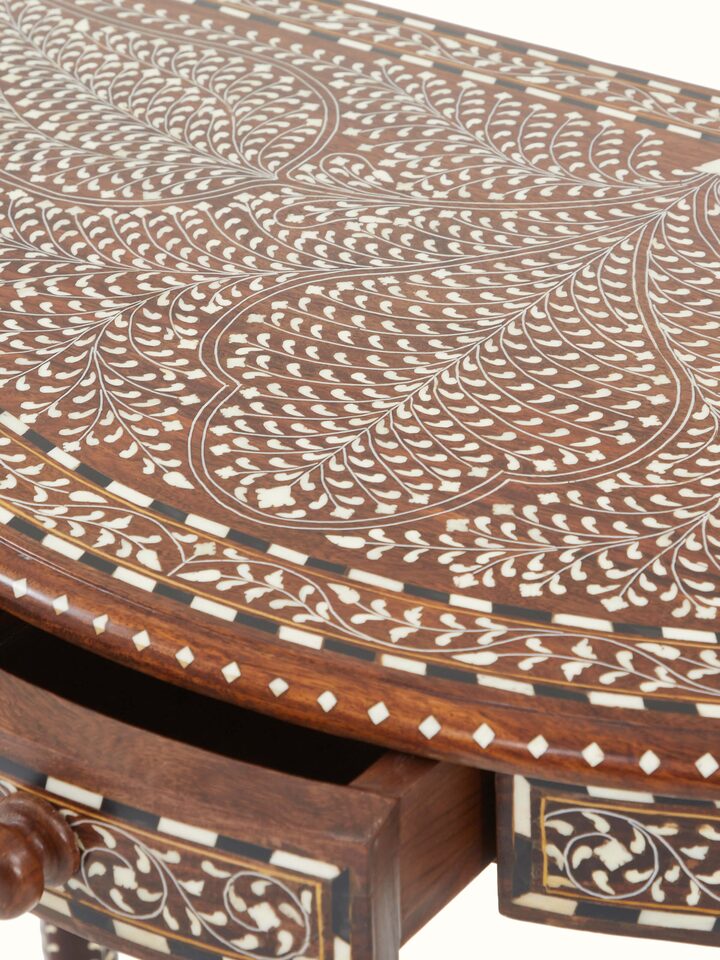 Overview of Sheesham Wood & Bone Inlay Dressing Table with Semicircular Console showing the complete piece