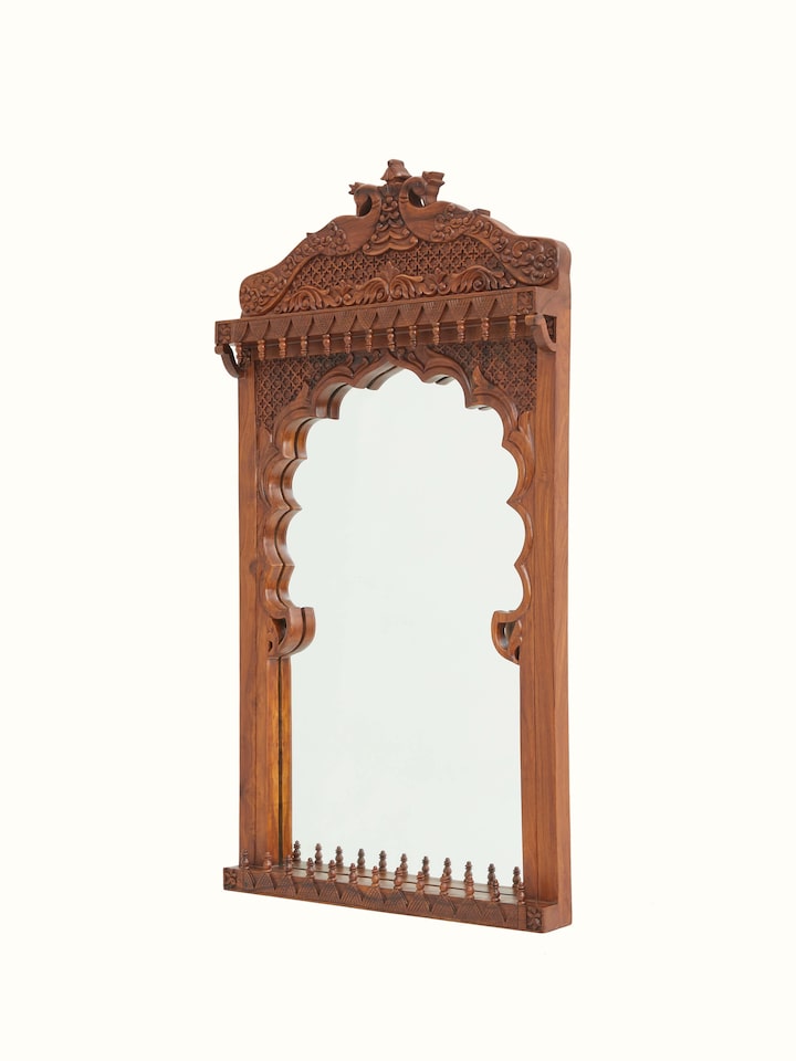 Close-up view of Carved Sheesham Wood Dressing Table & Mirror Set (2 Pcs) highlighting the inlay work and craftsmanship detail