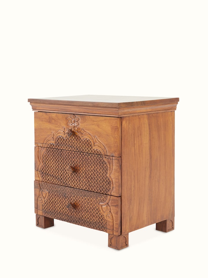 Close-up view of Carved Sheesham Wood Dressing Table & Mirror Set (2 Pcs) highlighting the inlay work and craftsmanship detail, from a different angle