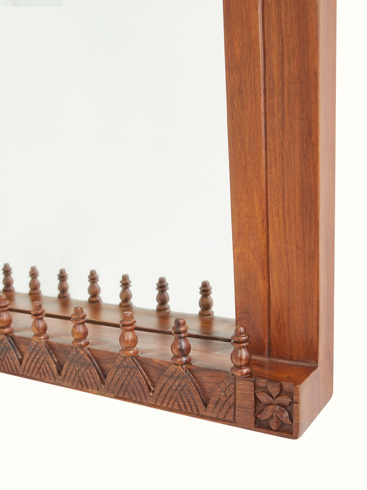 Detail view of Carved Sheesham Wood Dressing Table & Mirror Set (2 Pcs) highlighting the woodwork and finish detail, from a different angle