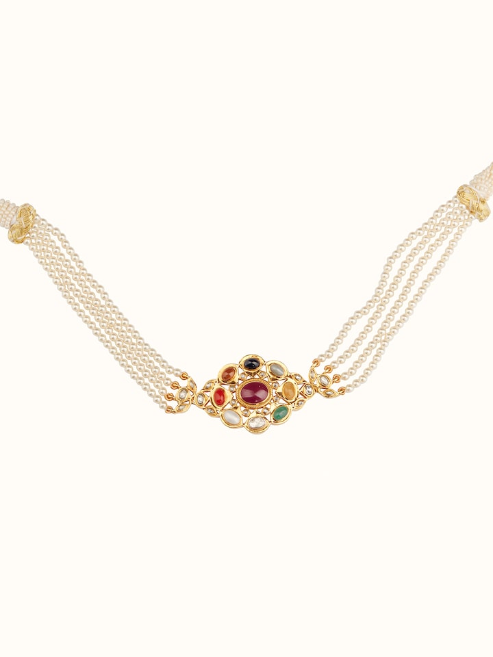 Front view of Navratna silver choker showcasing colorful gemstones and bold silver design