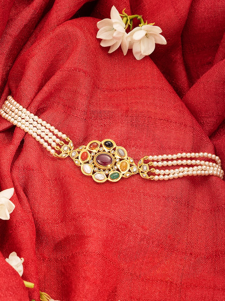 Lifestyle view of Navratna silver choker styled with ethnic attire for a vibrant look