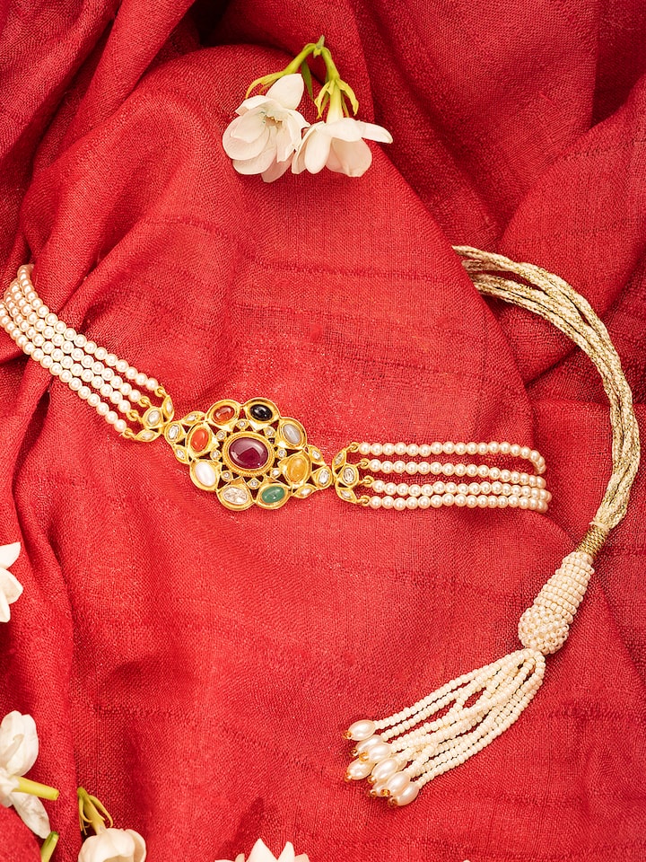 Side angle of Navratna silver choker featuring bold silver band and multicolor stones