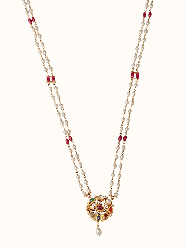Front view of Navratna Silver Pendant & Chain showing the complete piece and design