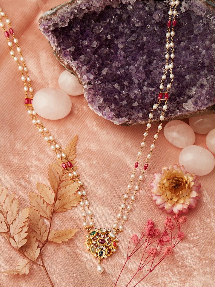 Styled view of Navratna Silver Pendant & Chain worn around the neck, showing how it looks styled