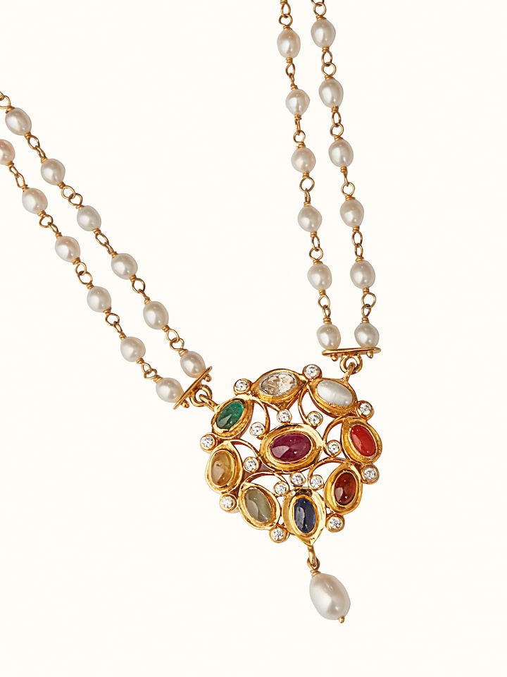 Close-up view of Navratna Silver Pendant & Chain highlighting the stone setting and metalwork detail