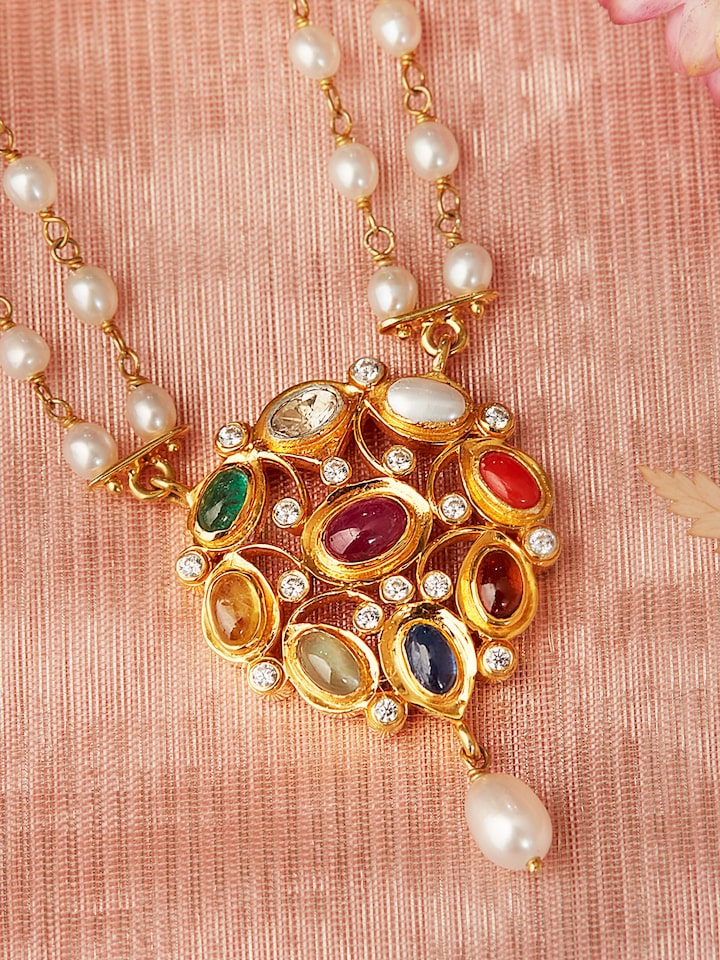 Detail view of Navratna Silver Pendant & Chain highlighting the stone setting and metalwork detail