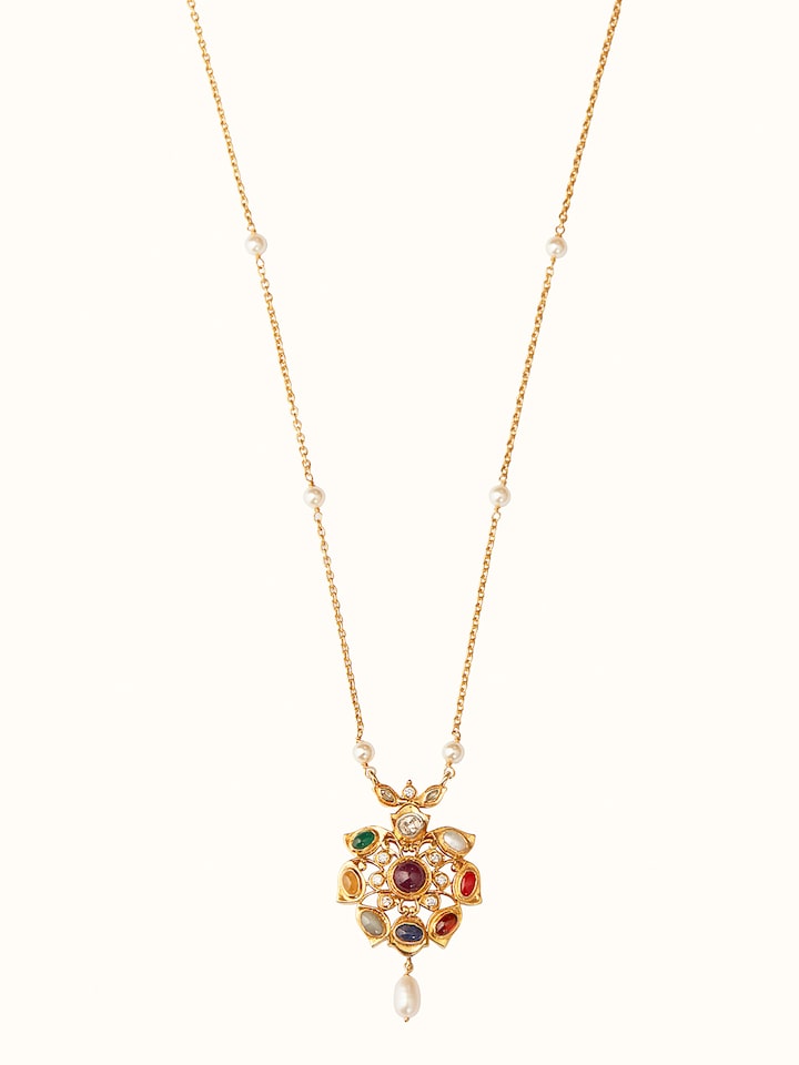 Front view of Navratna Silver Pendant & Chain featuring colorful gemstones and elegant silver design.