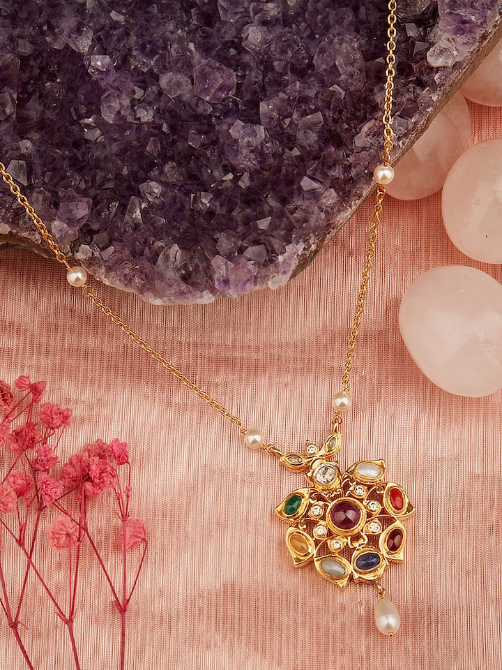 Overhead view of Navratna Silver Pendant & Chain highlighting the full pendant design and chain style.