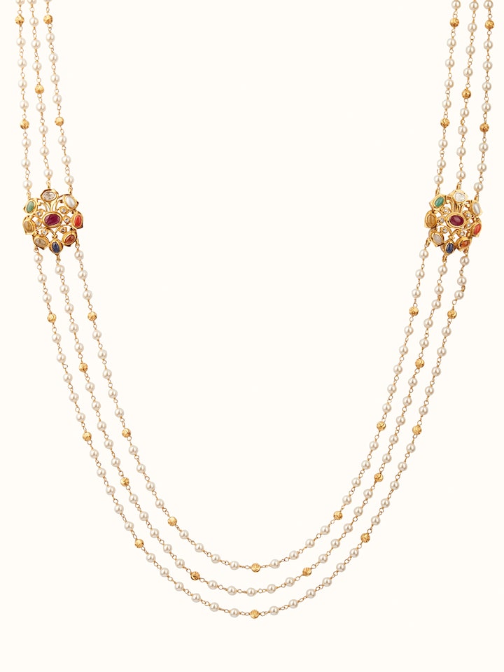 Front view of Navratna silver pendant & chain showcasing multicolored gemstones