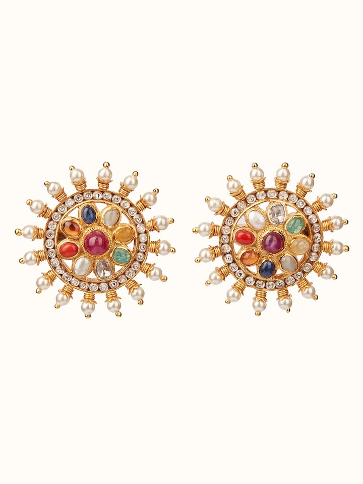 Front view of Navratna Silver Studs featuring vibrant gemstone inlays and traditional silver design