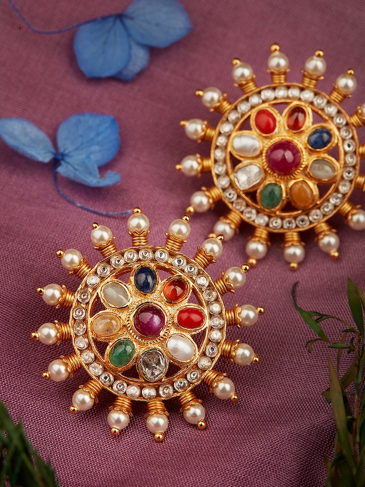 Side view of Navratna Silver Studs showcasing detailed gemstone placement and elegant silverwork