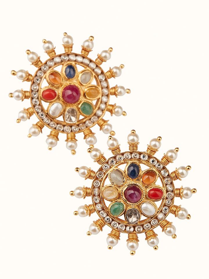 Close-up view of Navratna Silver Studs highlighting the colorful gemstones and intricate silver design