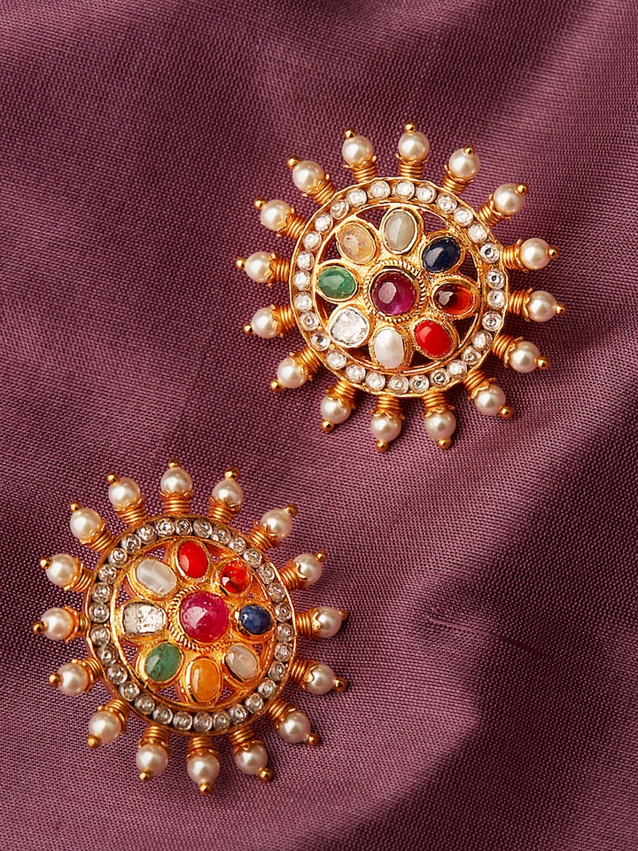 Overhead view of Navratna Silver Studs displaying the full arrangement of gemstones and detailed silver