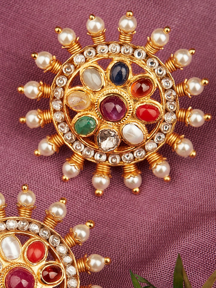 Detailed view of Navratna Silver Studs focusing on the intricate gemstone settings and silver finish