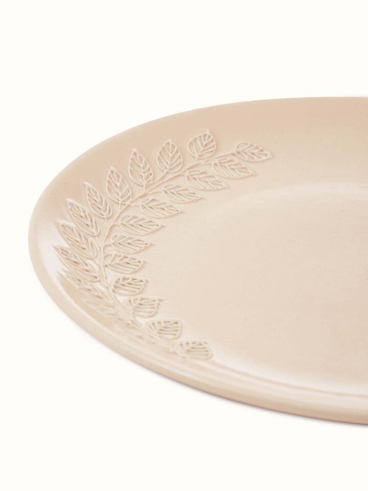 Top view of Khurja Pottery Ceramic Dinner Plates in Pink, revealing the even glaze and round shape