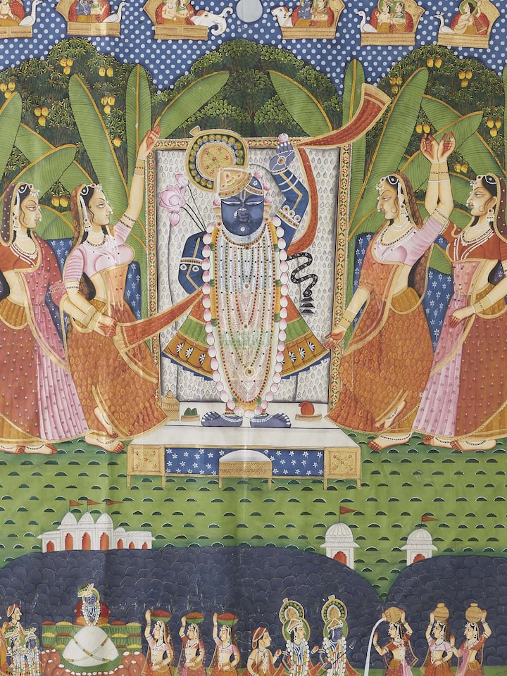 Detailed view of Pichwai Sharat Poornima painting, showcasing traditional artwork and vivid colors.