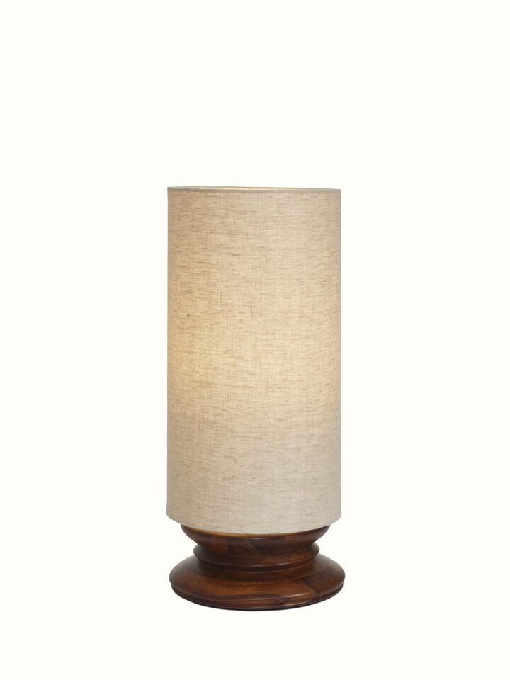 Front view of Wood & Cotton Fabric Table Lamp in Beige Color highlighting its design and shade