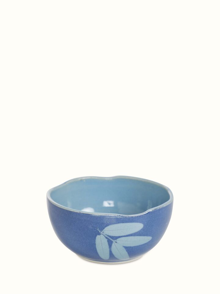 Top view of Studio pottery ceramic serving bowls in blue (3 pcs) displaying their glaze and shape