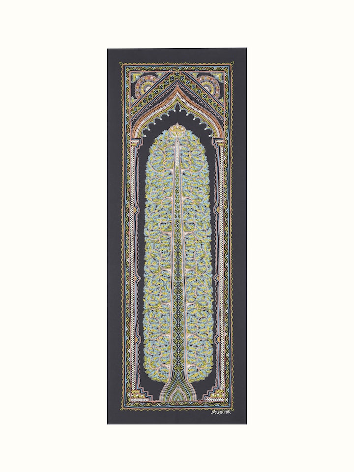 Front view of Rogan Castor Oil & Pigment Jivandrishti Painting by Swadesh showcasing vibrant colors and traditional art techniques.