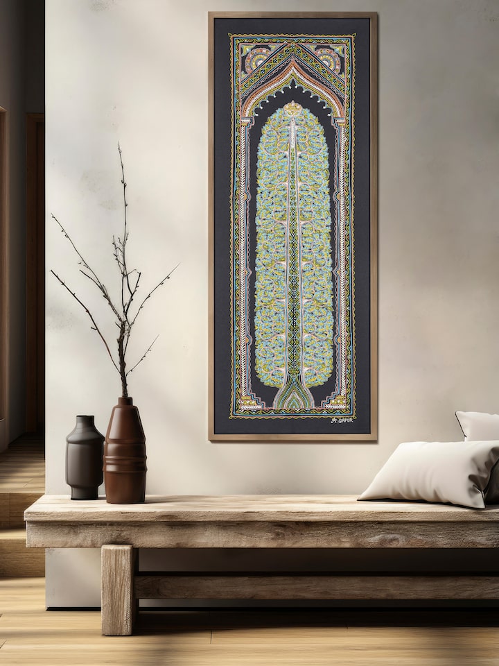 Side view of Rogan Castor Oil & Pigment Jivandrishti Painting by Swadesh highlighting the fine brushwork and rich texture.