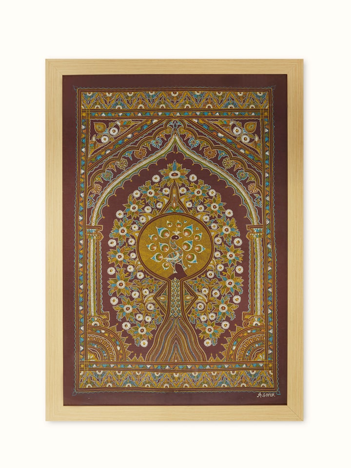 Front view of Rogan Castor Oil & Pigment Mayura on Tree of Life Painting highlighting artistry