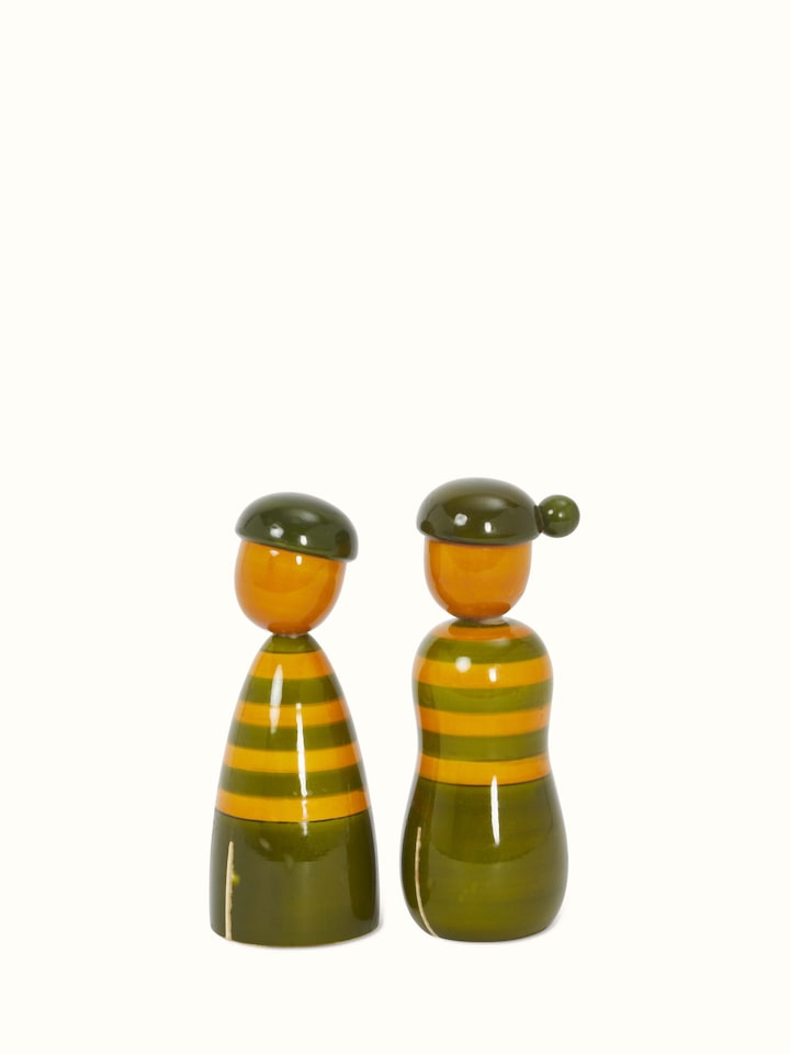 Front view of Channapatna ivory wood boy & girl rattle toys in green, showcasing handcrafted details and smooth finish of traditional Indian toys.