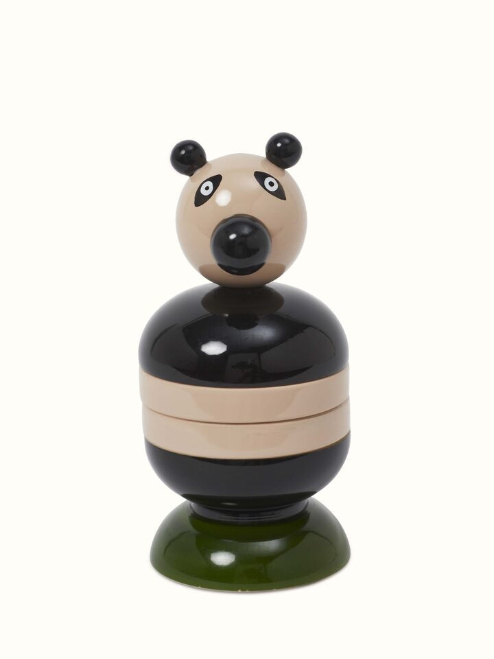Front view of Channapatna ivory wood panda counting stacking toy in off-white showcasing playful design.
