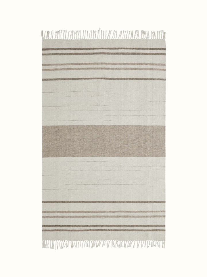 Full view of Nomad Stripes Ivory Beige Jawaja wool & cotton handloom dhurrie highlighting the striped design and color combination.