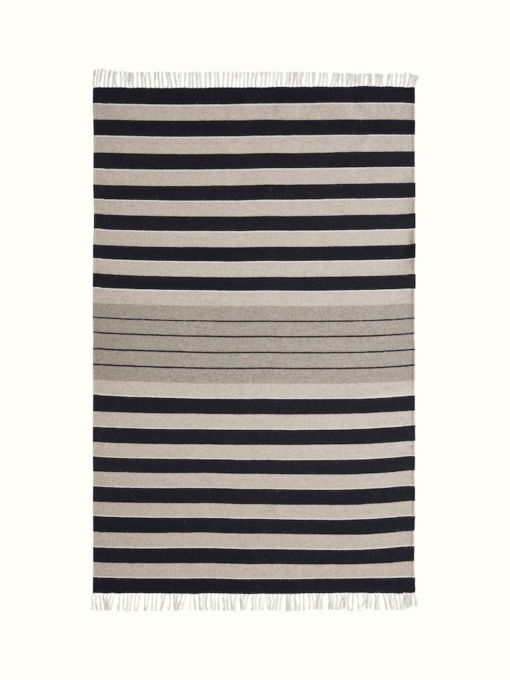 Front view of Nomad Stripes Black Beige Jawaja Wool & Cotton Handloom Dhurrie (4x6 ft) featuring stripe pattern