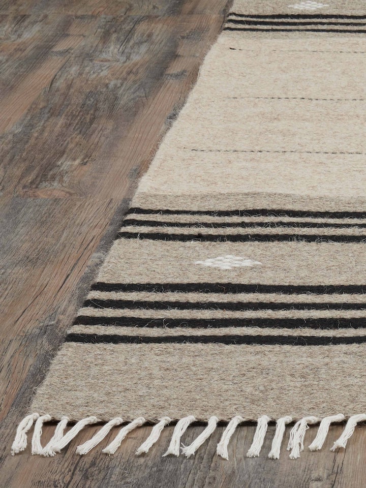 Full view of Nomad stripes beige black Jawaja wool & cotton handloom dhurrie (4x6 ft) displaying the overall design and appearance.