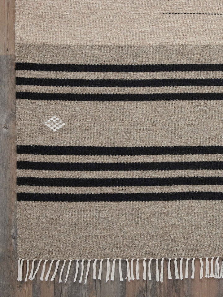 Nomad stripes beige black Jawaja wool & cotton handloom dhurrie (4x6 ft) spread out to highlight the design and texture.