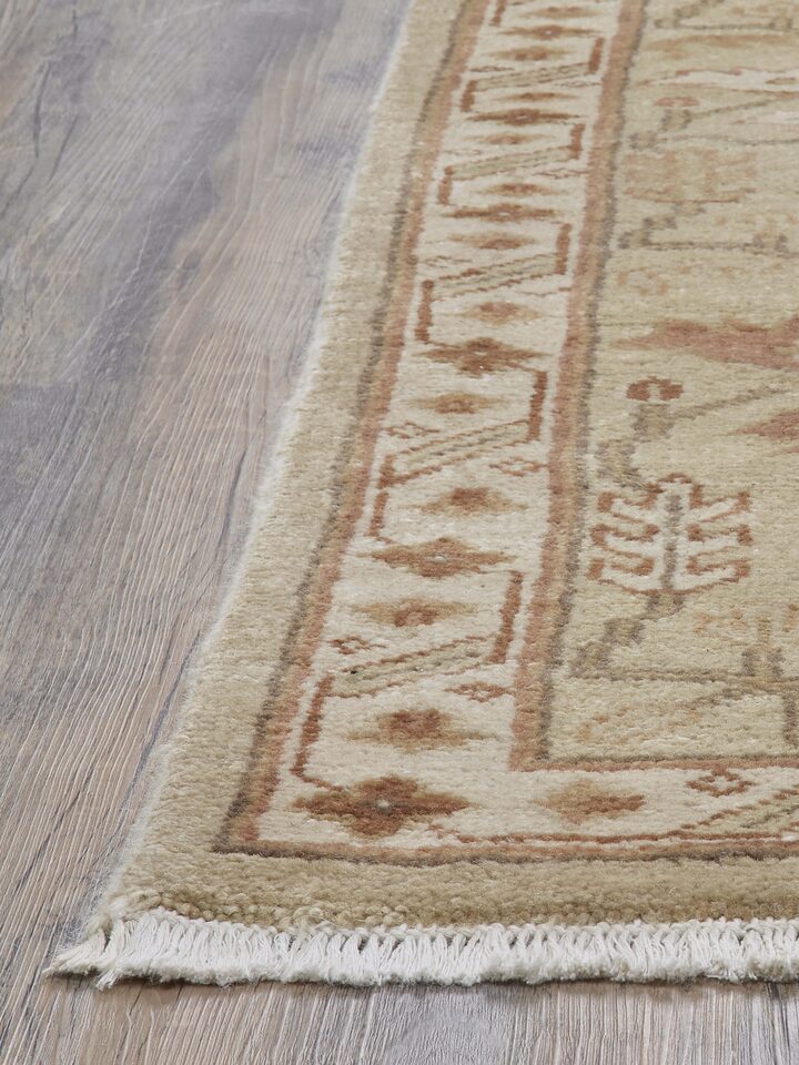 Detailed view of Oushak Traditional Beige Brown Jaipur Wool Hand-Knotted Rug, showcasing the intricate hand-knotted craftsmanship.