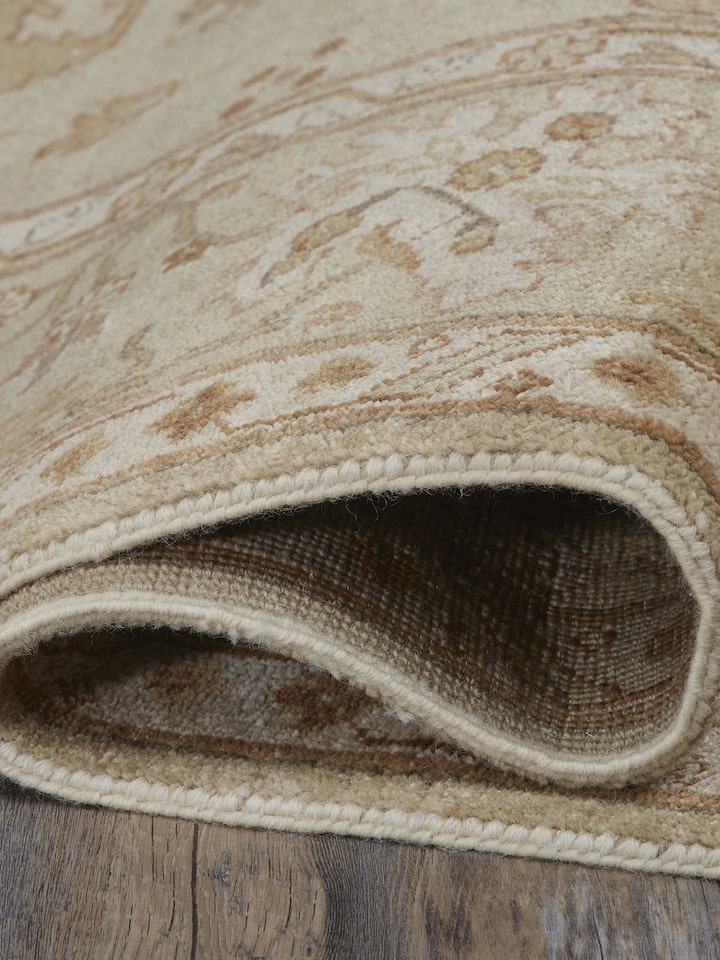 Close-up of Oushak Traditional Beige Brown Jaipur Wool Hand-Knotted Rug, featuring fine details and rich wool texture.