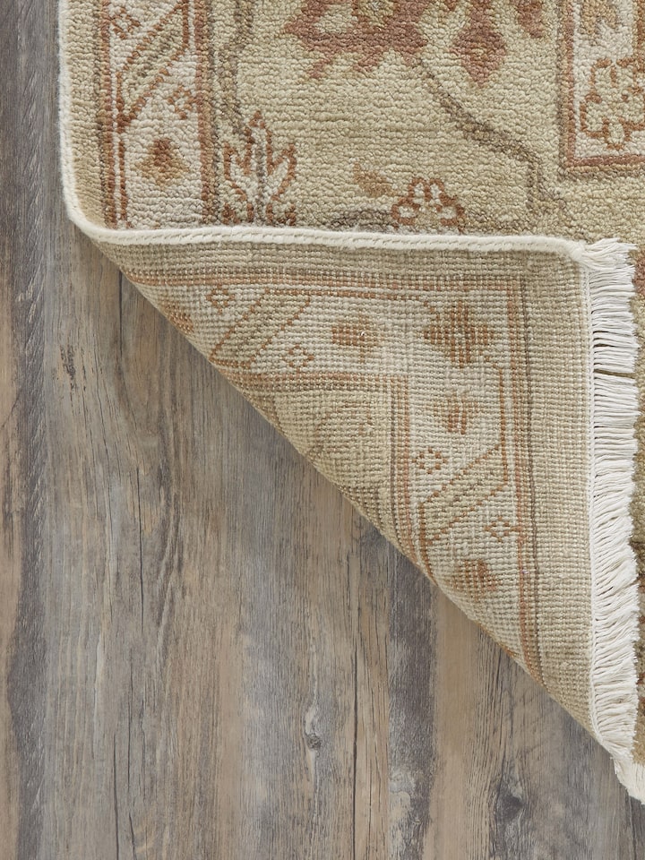 Full view of Oushak Traditional Beige Brown Jaipur Wool Hand-Knotted Rug, showing the complete pattern and craftsmanship.