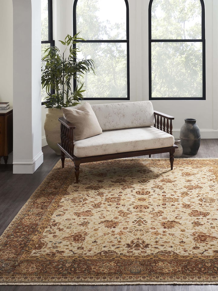 Styled view of Traditional Ziegler Beige Allover Jaipur Wool Hand-knotted Rug styled in a room setting