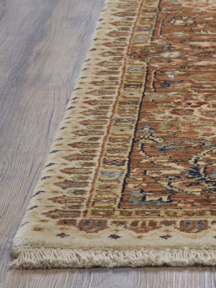 Close-up view of Traditional Ziegler Beige Allover Jaipur Wool Hand-knotted Rug highlighting the hand-knotted weave and motif detail
