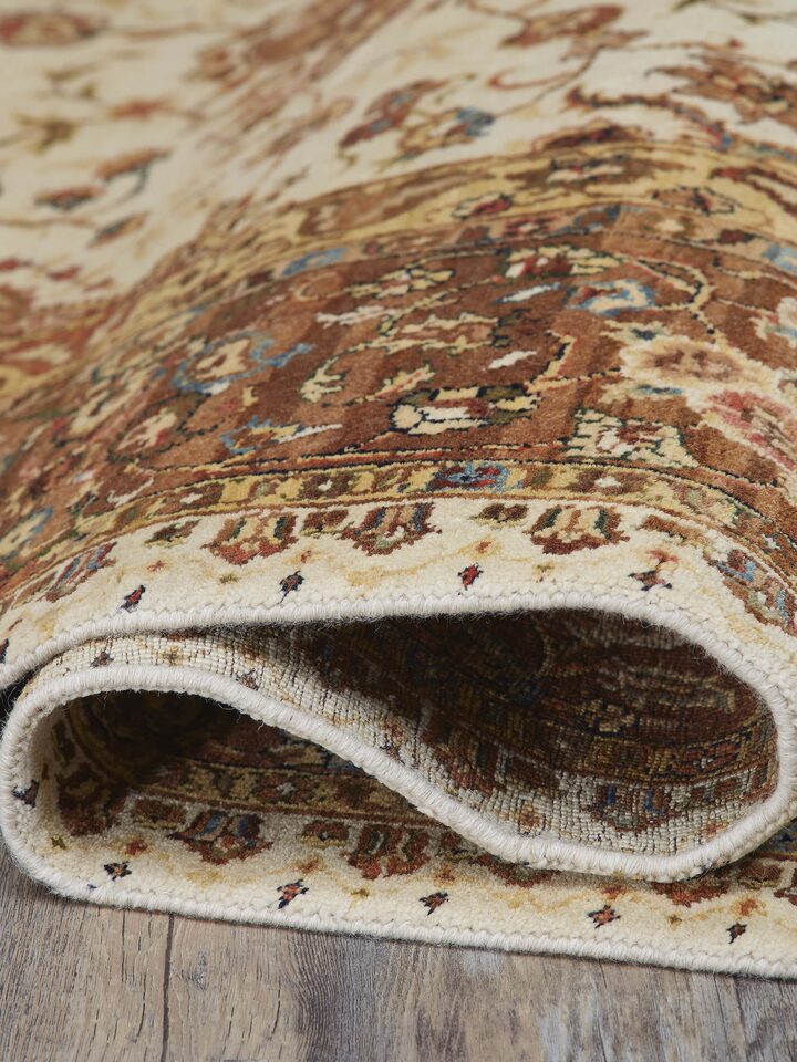 Detail view of Traditional Ziegler Beige Allover Jaipur Wool Hand-knotted Rug highlighting the intricate pattern and pile texture