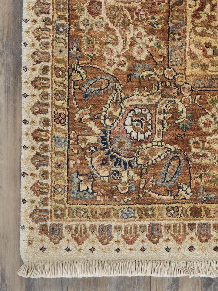 Detail view of Traditional Ziegler Beige Allover Jaipur Wool Hand-knotted Rug highlighting the intricate pattern and pile texture, from a different...