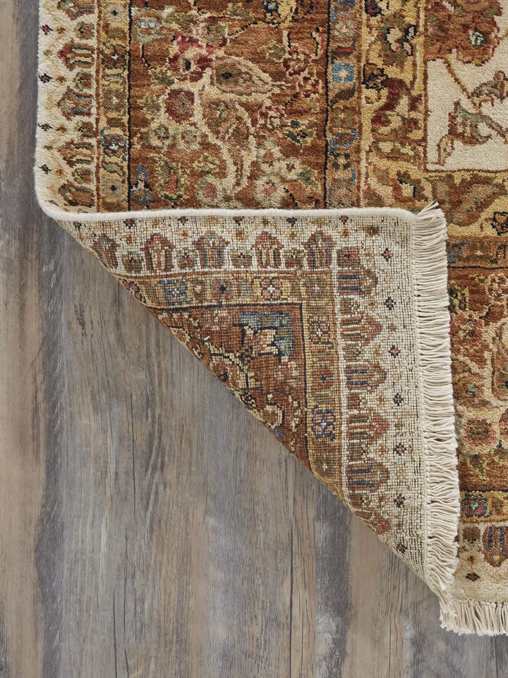 Back view of Traditional Ziegler Beige Allover Jaipur Wool Hand-knotted Rug showing the reverse weave