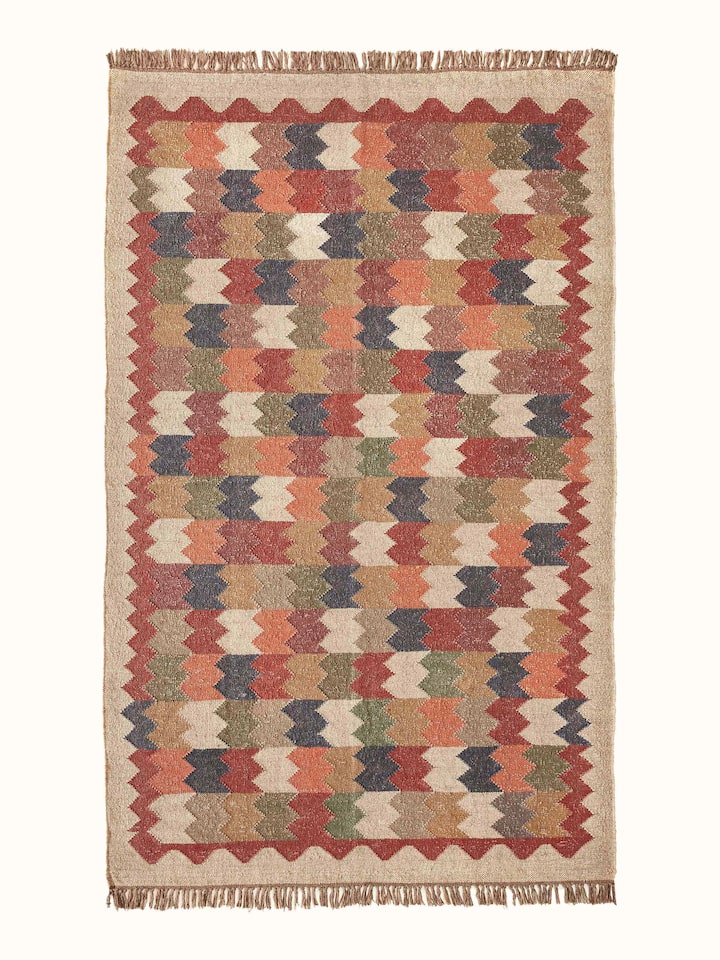 Full view of Geo Chevrons Jute & Wool Panja Dhurrie, showcasing the geometric chevron design and jute-wool blend material.