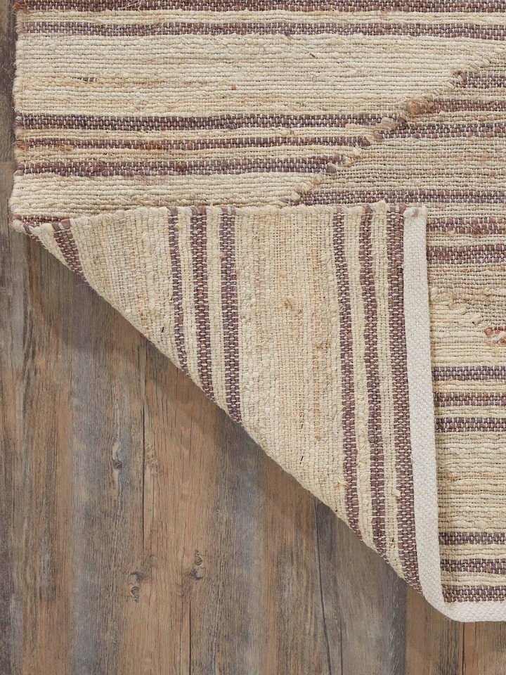 Full view showing the complete Geo Stripes beige brown jute & cotton natural fibre rug