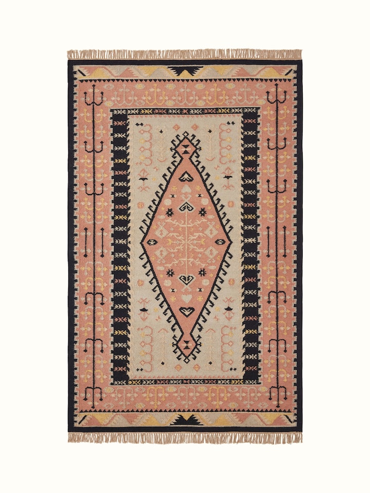 Traditional Kilim rust grey Salawas wool & cotton panja dhurrie with intricate geometric patterns and rich colors.