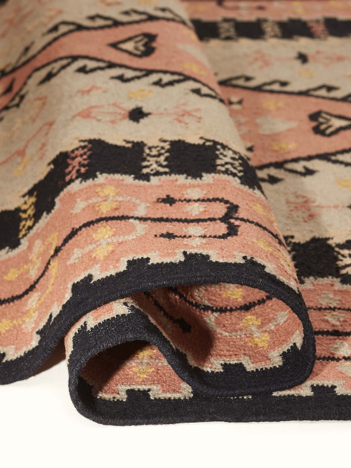 Full view of the Traditional Kilim rust grey Salawas wool & cotton panja dhurrie laid out, demonstrating its size and overall pattern.