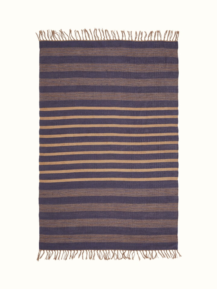 Front view of Dual Tone Stripe Blue Beige Salawas Wool & Cotton Panja Dhurrie highlighting stripe pattern
