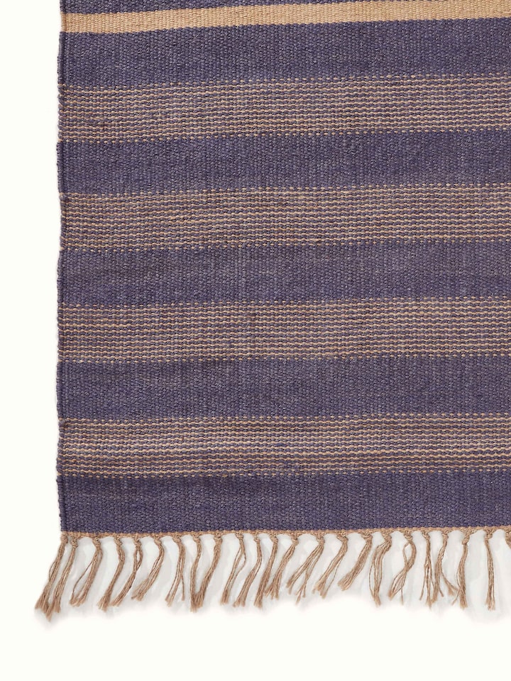 Close-up of Dual Tone Stripe Blue Beige Salawas Wool & Cotton Panja Dhurrie emphasizing stripe details