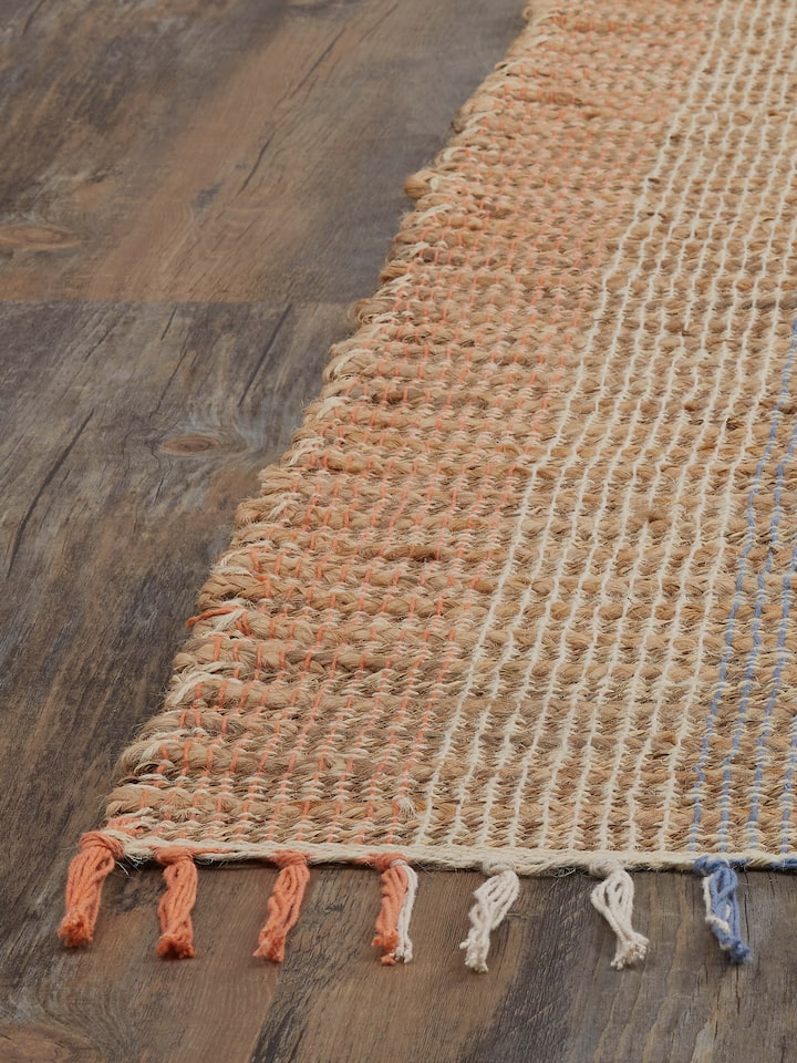 Detailed view of Textured beige blue lawan jute & cotton natural fibre rug highlighting its rich texture and color.