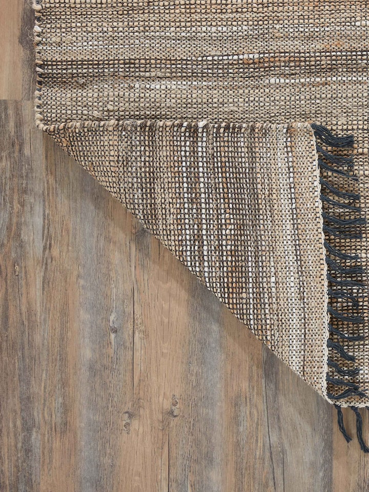 Close-up of the Textured Beige Charcoal Lawan Jute & Cotton Natural Fibre Rug, focusing on the detailed texture and color blend.