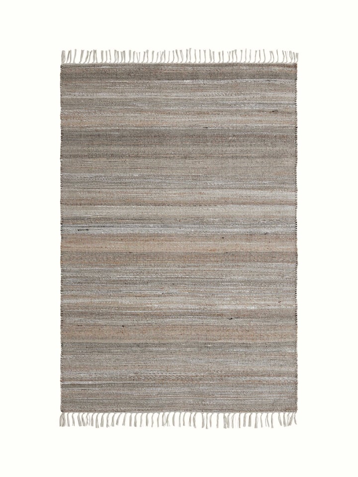 Textured Beige Black Lawan Jute & Cotton Rug, showing the intricate pattern and natural fibres.